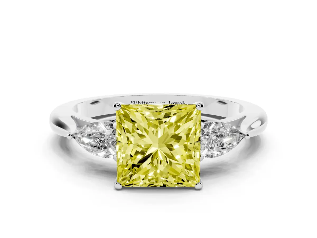 Fancy Yellow Three-Stone Princess Cut Diamond Ring with Pear Side Stones in Four-Prong Setting Silver