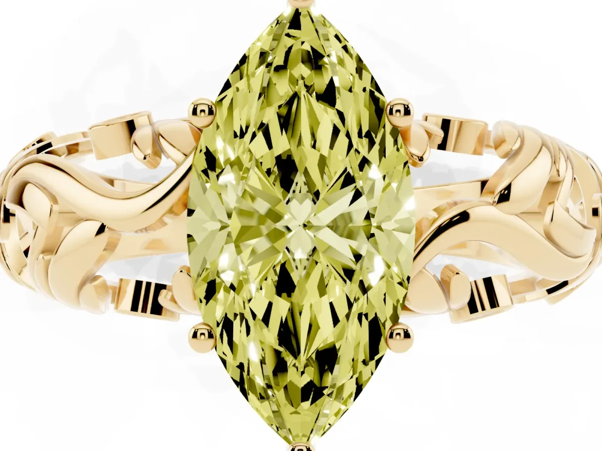 Fancy Yellow Marquise Cut Solitaire Diamond Leaf-Inspired Vine Band Ring with Prong Setting Yellow gold