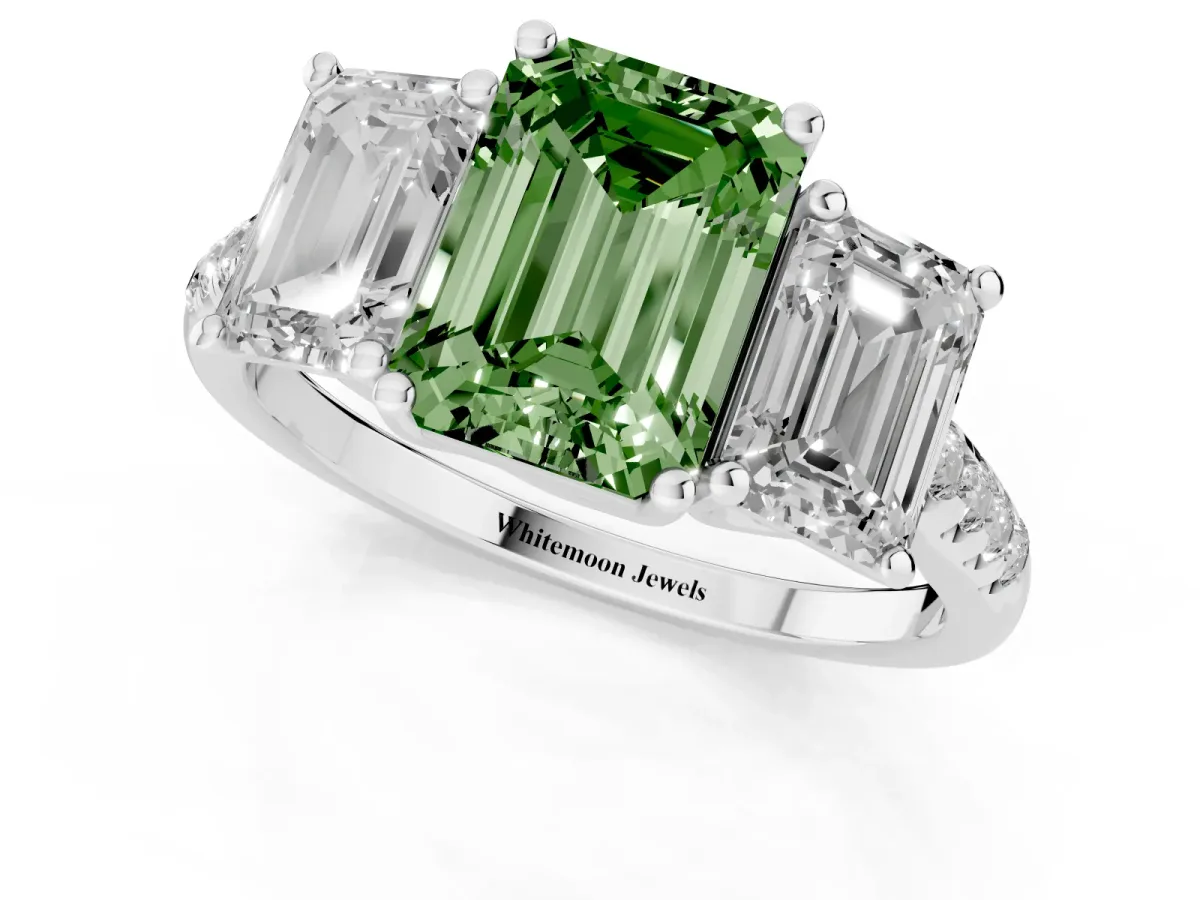 Fancy Green Three-Stone Emerald Cut Diamond Ring with Round Pavé Band and Prong Setting Silver
