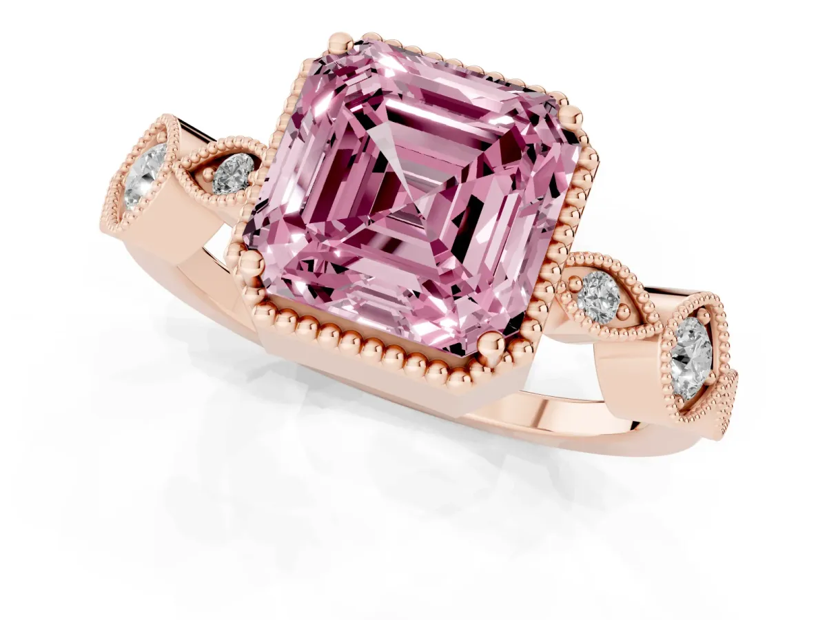 Fancy Pink Asscher Cut Diamond Vintage Milgrain Ring with Round Stations Rose gold