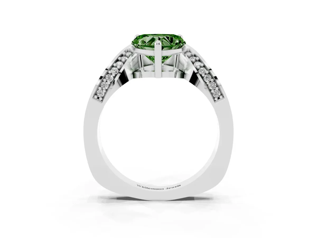 Fancy Green Heart Cut Solitaire Diamond Engagement Ring with Pave Band and Four-Prong Setting Platinum