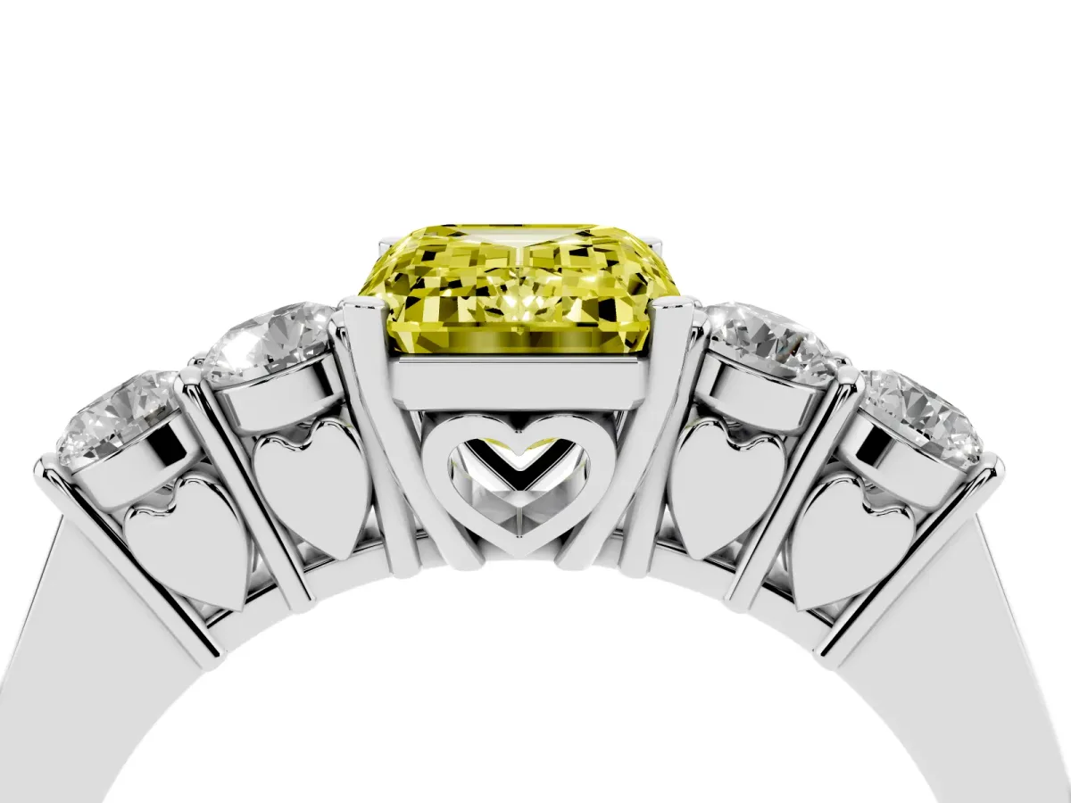 Fancy Yellow Emerald Cut Cut Diamond Five-Stone Prong Set White Gold Ring Silver
