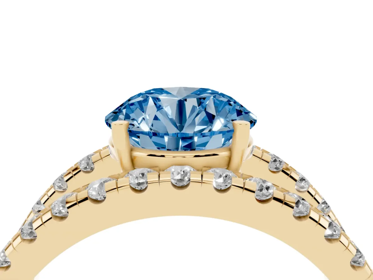 Fancy Blue Round Cut Solitaire Split Shank Pave Diamond Ring Yellow gold