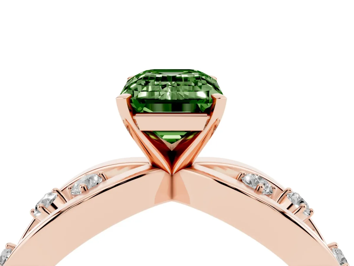 Fancy Green Emerald Cut Cut Solitaire Diamond with Side Stones on Criss-Cross Band and Four-Prong Setting Rose gold