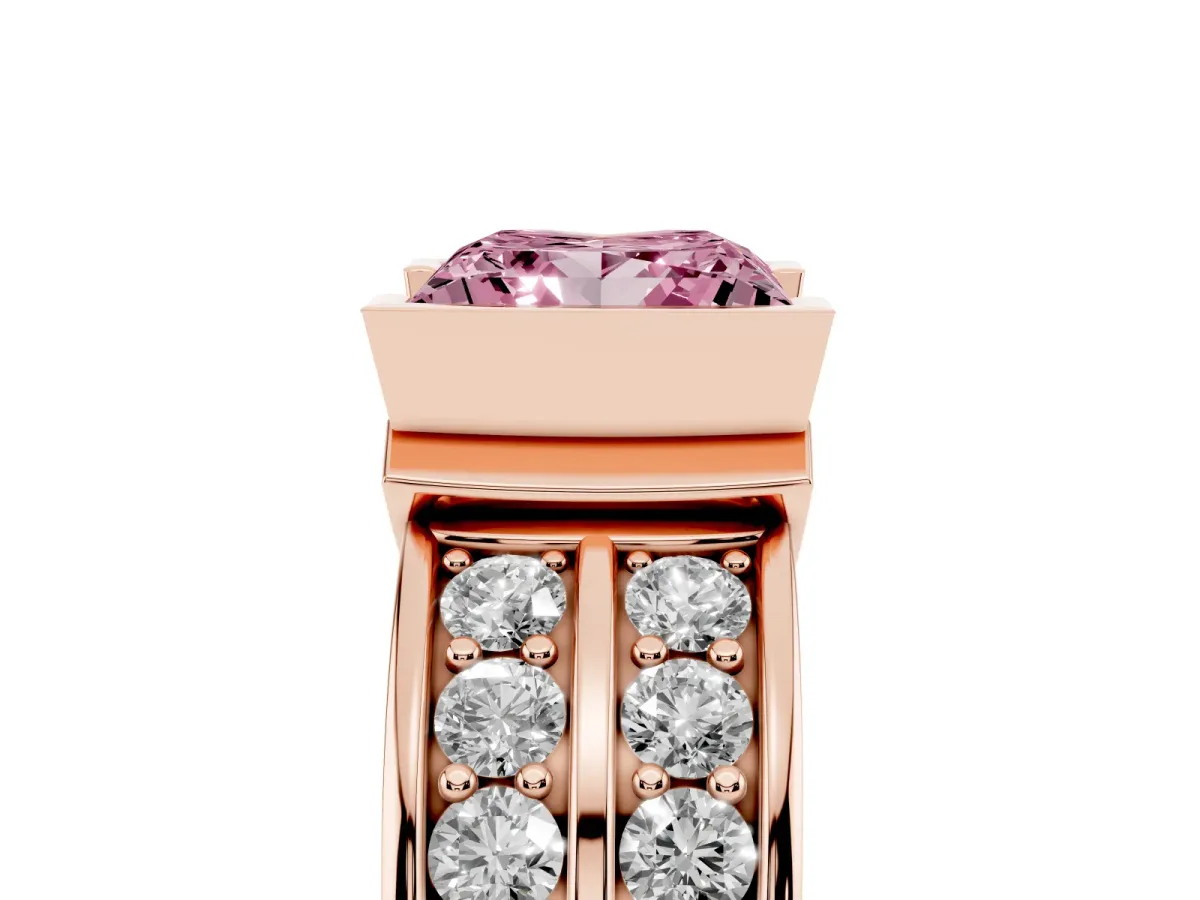 Fancy Pink Princess Cut Brilliant Diamond Channel Set Wide Band Ring with Bezel Setting Rose gold