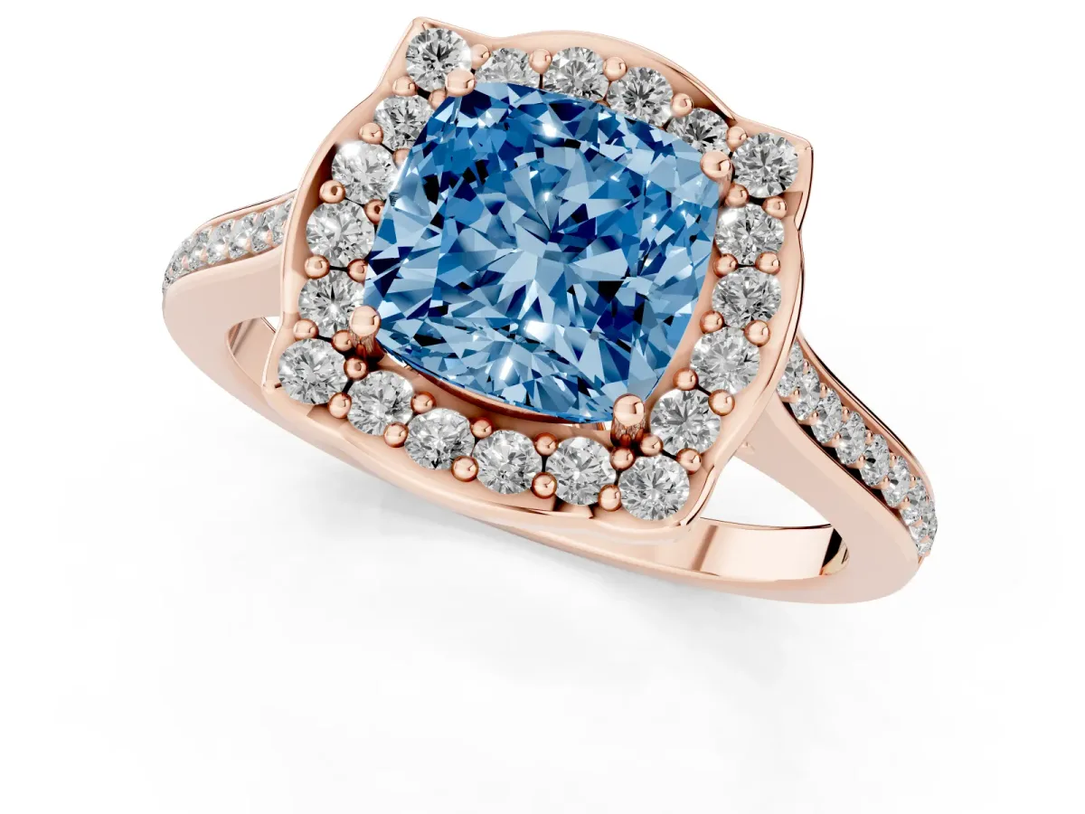 Fancy Blue Cushion Cut Halo Round Diamond Pave Band with Four-Prong Setting Rose gold