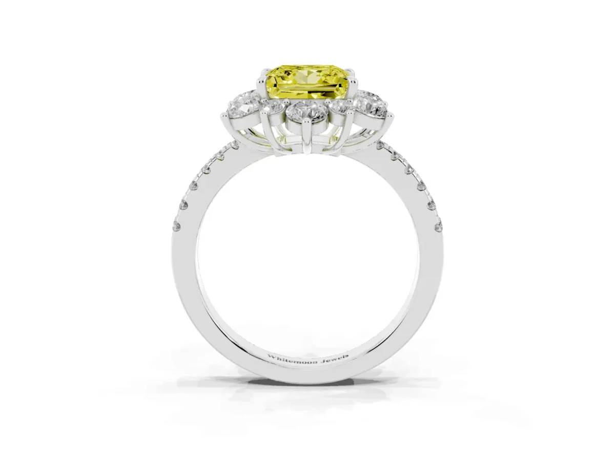Fancy Yellow Princess Cut Diamond Floral Halo Ring with Round Pavé Band and Prong Setting Silver