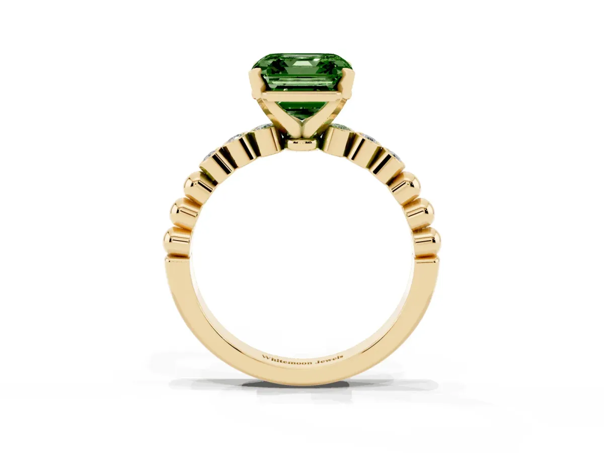 Fancy Green Asscher Cut Solitaire Bezel Accent Diamond Engagement Ring with Beaded Band and Four-Prong Setting Yellow gold
