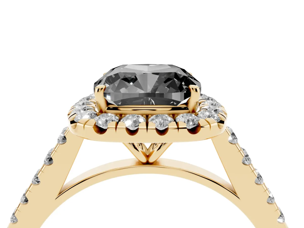 Fancy Black Cushion Cut Halo Pave Diamond Engagement Ring with Four-Prong Setting Yellow gold