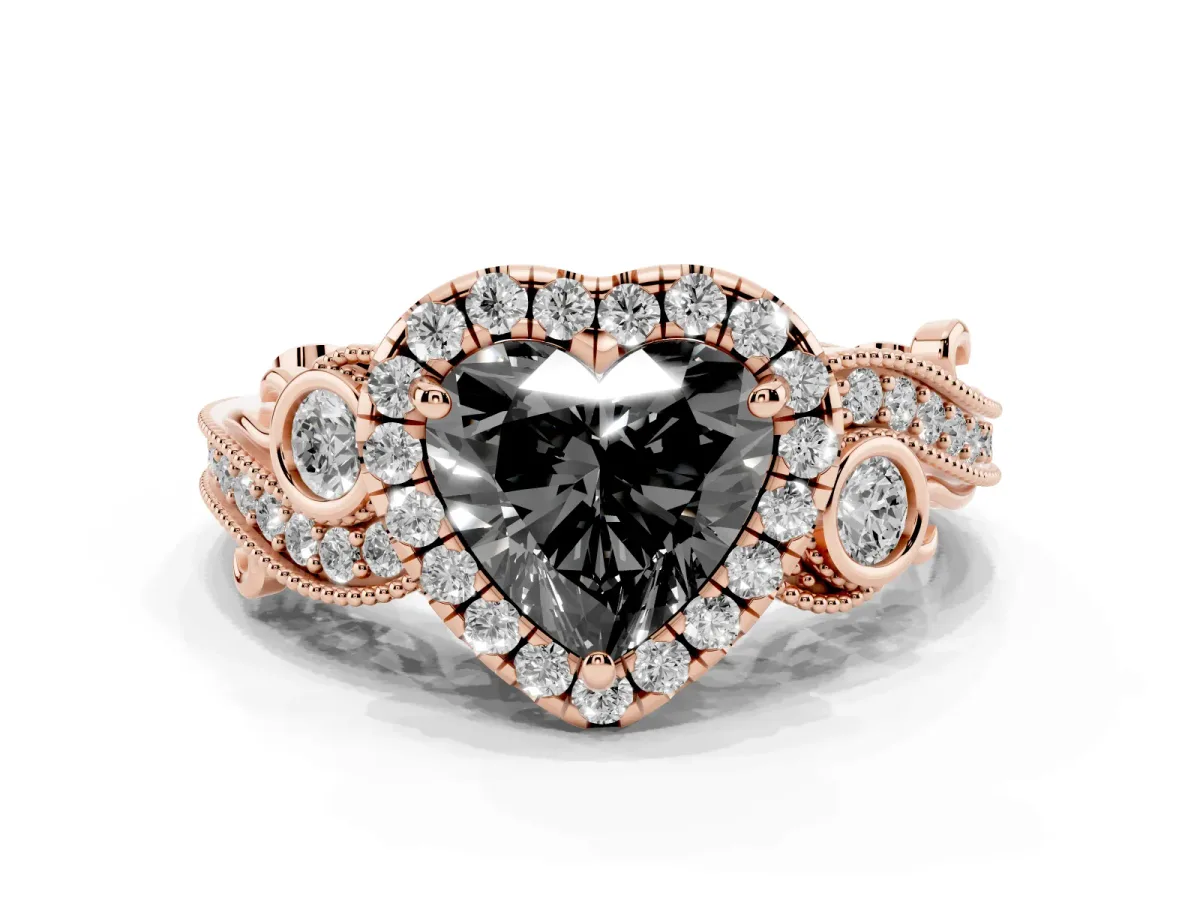 Fancy Black Heart Cut Halo Diamond Ring with Milgrain and Bezel Accents on a Split Shank Band Rose gold