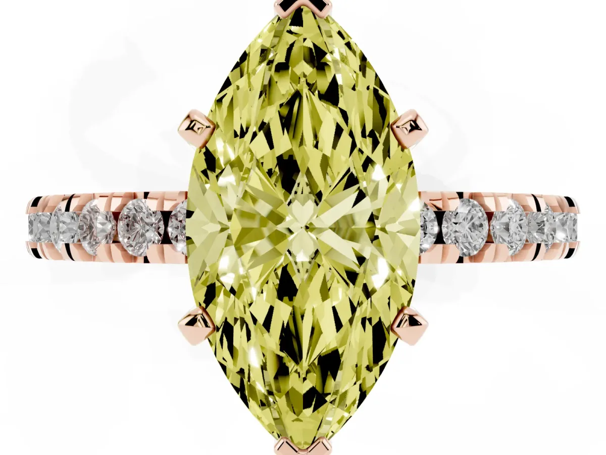 Fancy Yellow Marquise Cut Diamond Pavé Band Solitaire with Four-Prong Setting Rose gold