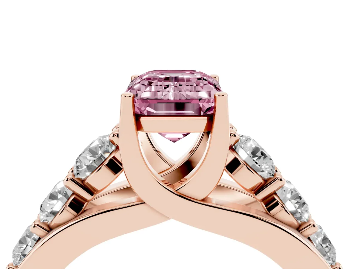Fancy Pink Emerald Cut Diamond Engagement Ring with Pavé Band and Four-Prong Setting Rose gold