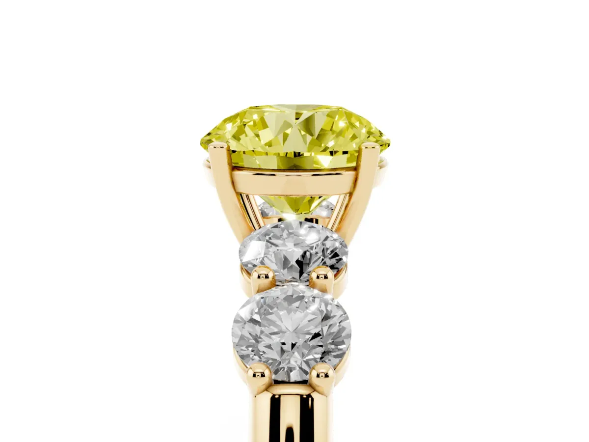 Fancy Yellow Round Cut Cut Five-Stone Prong Set Diamond Ring with Classic Band Yellow gold