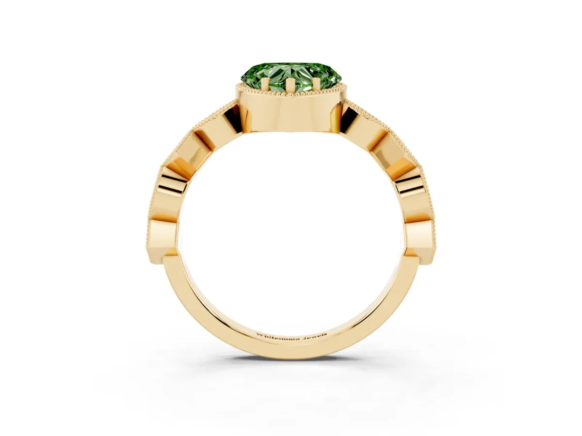 Fancy Green Heart Cut Milgrain Marquise Diamond Twist Band Ring Yellow gold