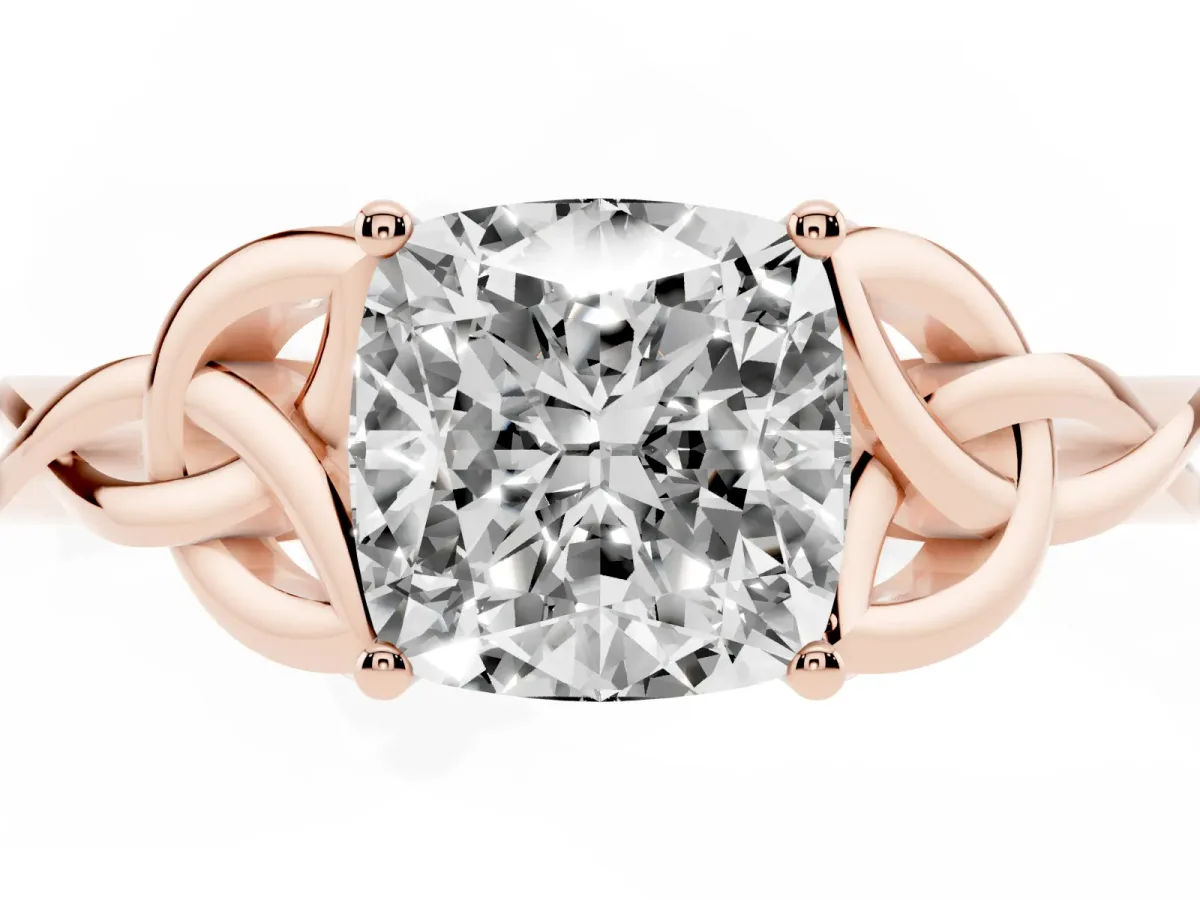 Cushion Cut Diamond Solitaire Engagement Ring with Celtic Knot Band and Four-Prong Setting Rose gold