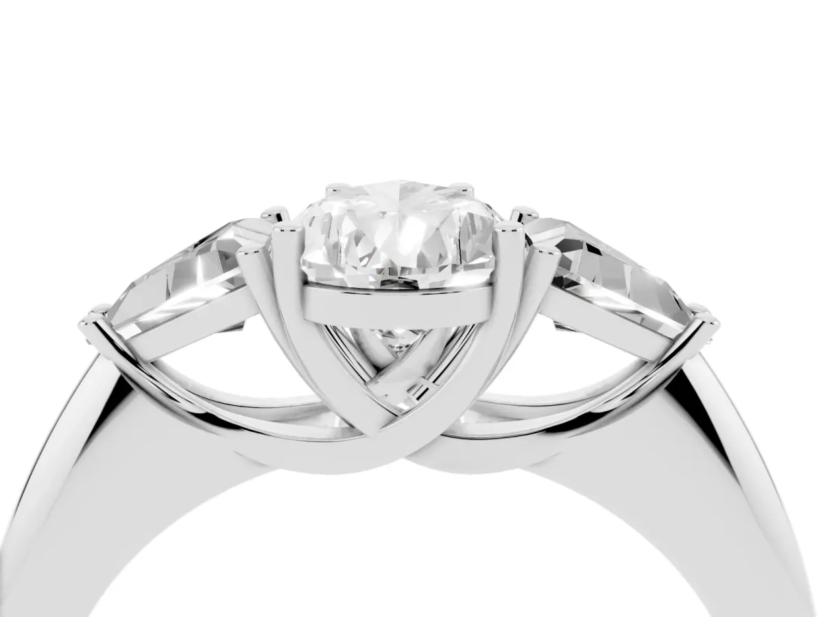 Three-Stone Pear Cut Diamond Engagement Ring with Trillion Side Stones and Prong Setting Silver