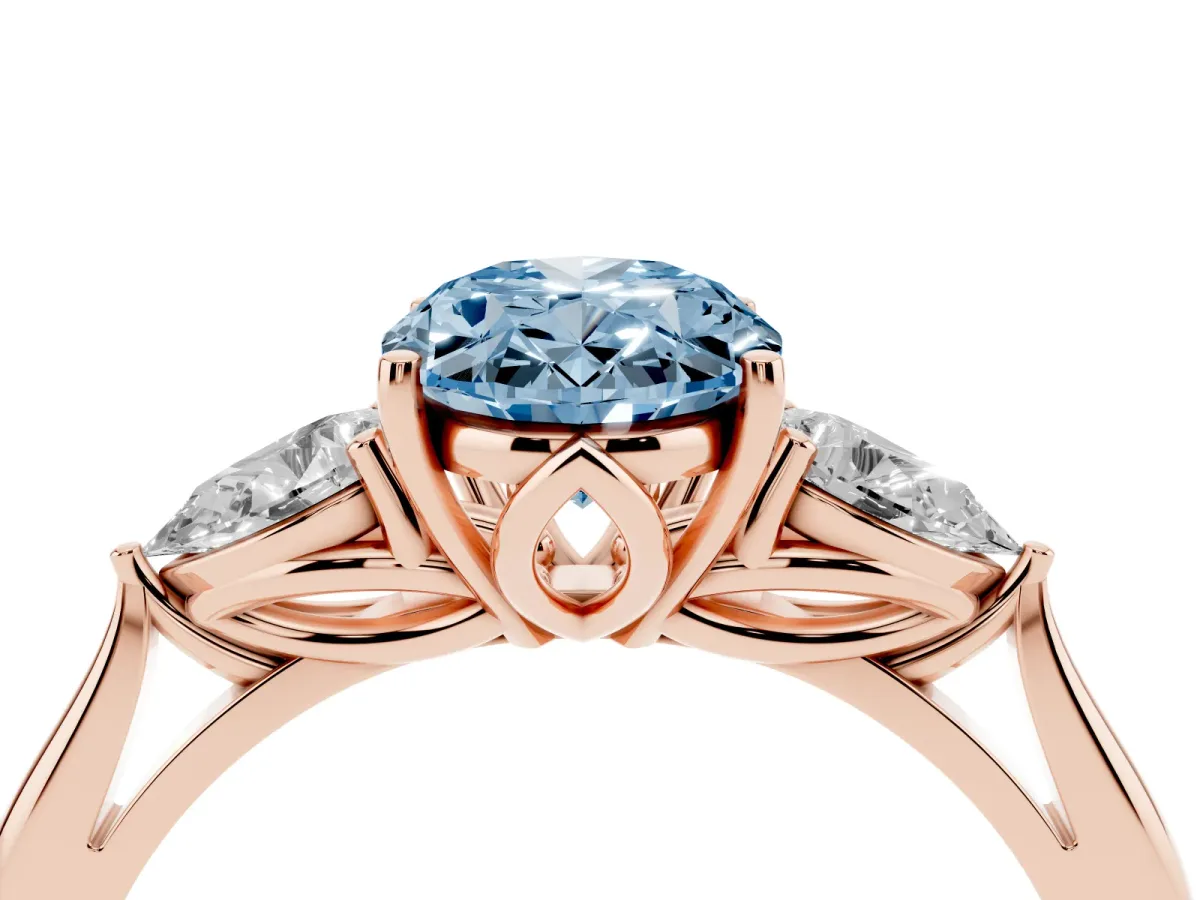 Fancy Blue Oval Cut Diamond Three-Stone Ring with Pear Side Stones and Prong Setting Rose gold