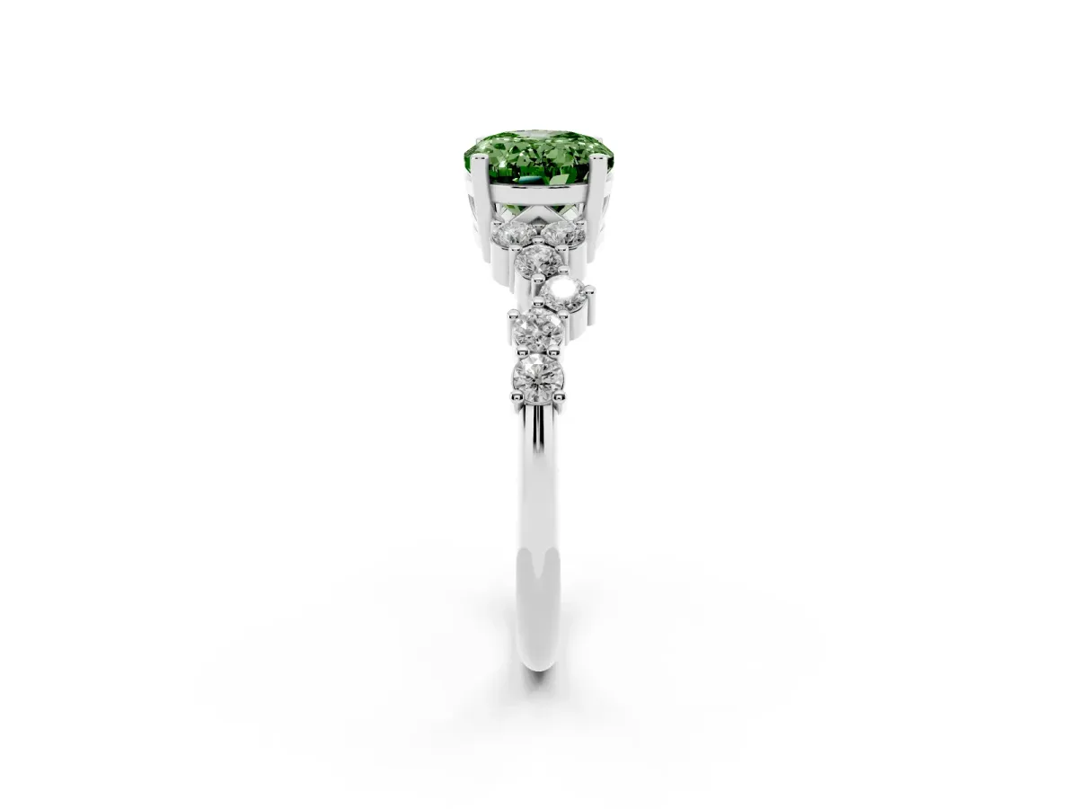 Fancy Green Oval Cut Diamond Scattered Round Accent Ring with Prong Setting Silver