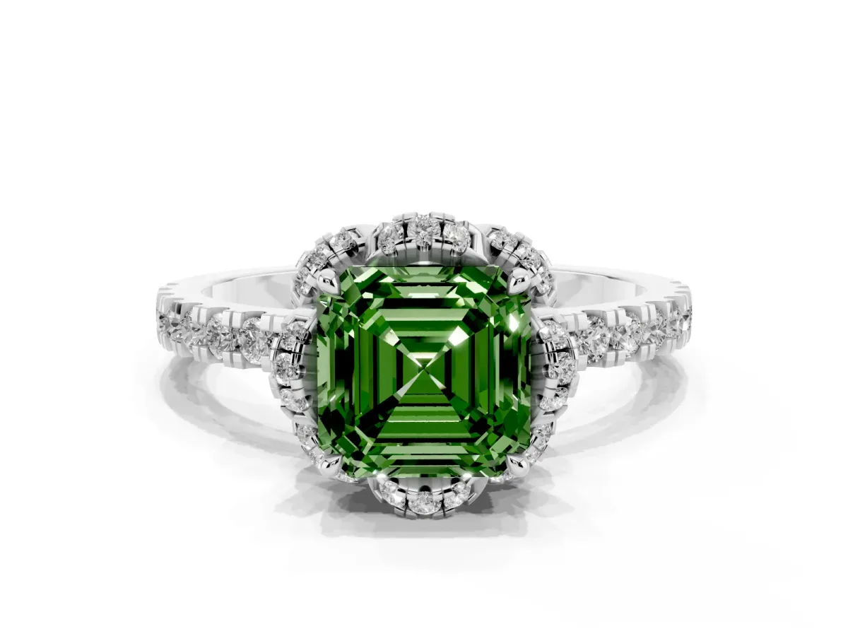 Fancy Green Asscher Cut Diamond Halo Pave Band with Four-Prong Setting Platinum