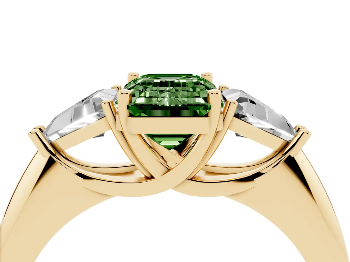 Fancy Green Three-Stone Emerald Cut Diamond Engagement Ring with Trillion Side Stones and Prong Setting Yellow gold
