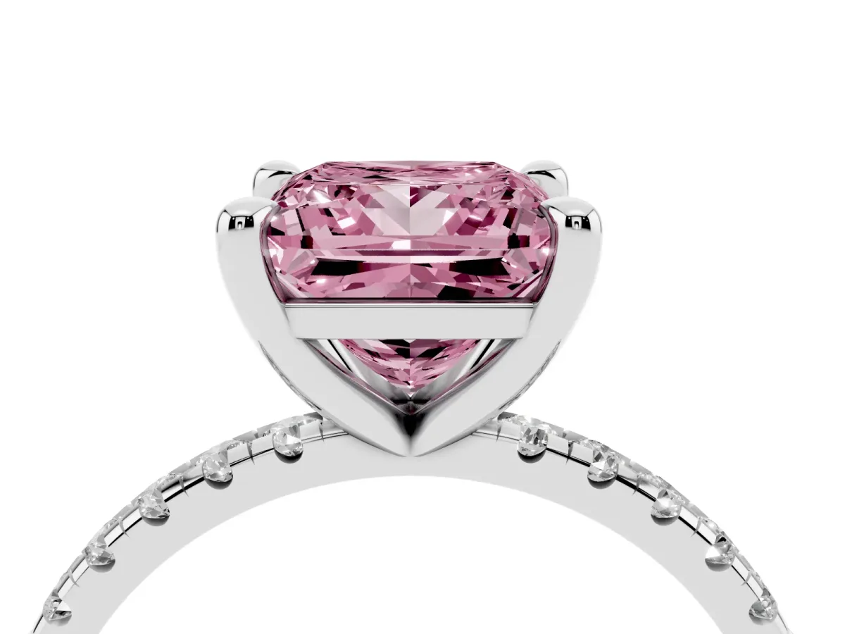 Fancy Pink Princess Cut Diamond Brilliant Solitaire Ring with Pavé Band and Four-Prong Setting Platinum