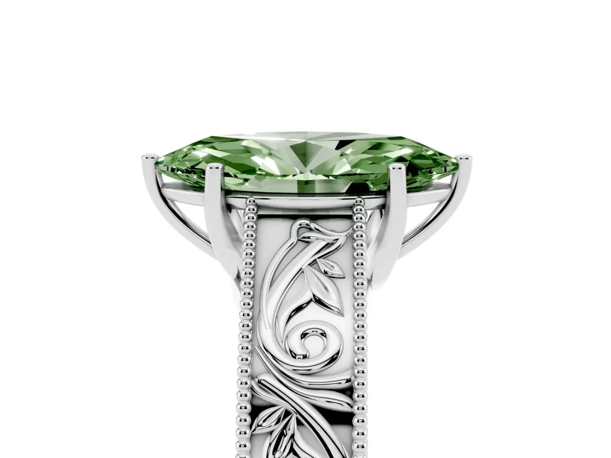 Fancy Green Marquise Cut Diamond Solitaire Ring with Engraved Band and Four-Prong Setting Platinum