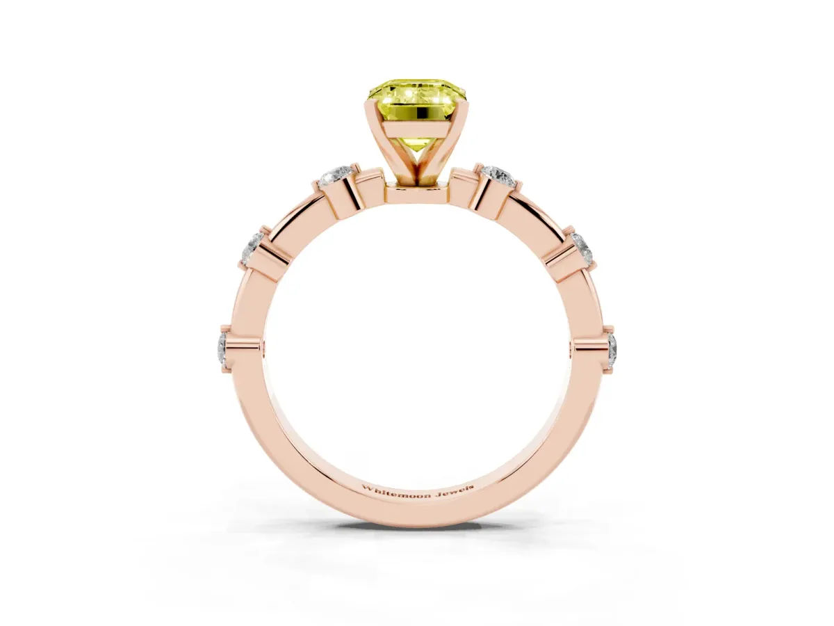 Fancy Yellow Emerald Cut Solitaire Diamond Ring with Bezel Set Side Stones and Prong Setting Rose gold