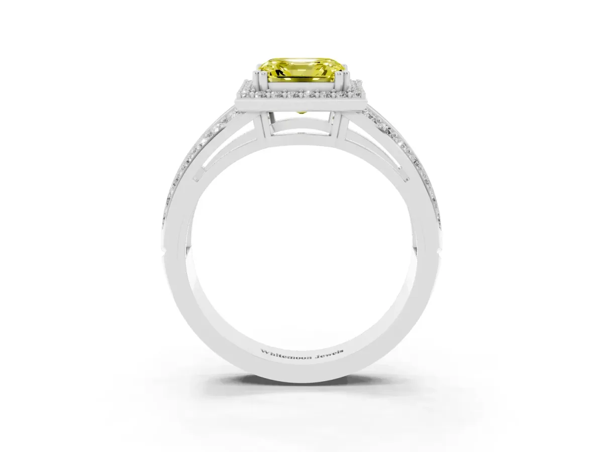 Fancy Yellow Asscher Cut Diamond Halo Ring with Split Shank Pavé Band and Four-Prong Setting Silver