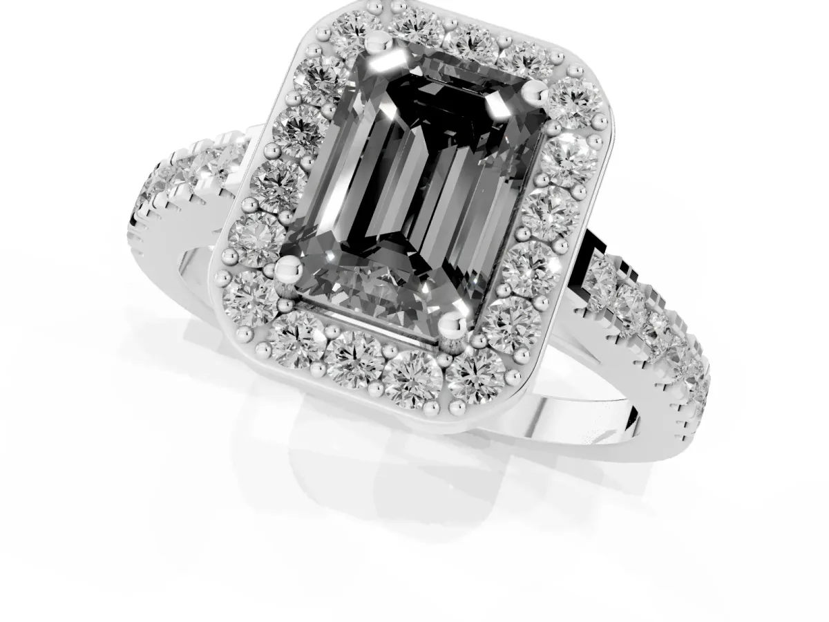 Fancy Black Emerald Cut Diamond Halo Ring with Round Pavé Split Shank and Prong Setting Platinum
