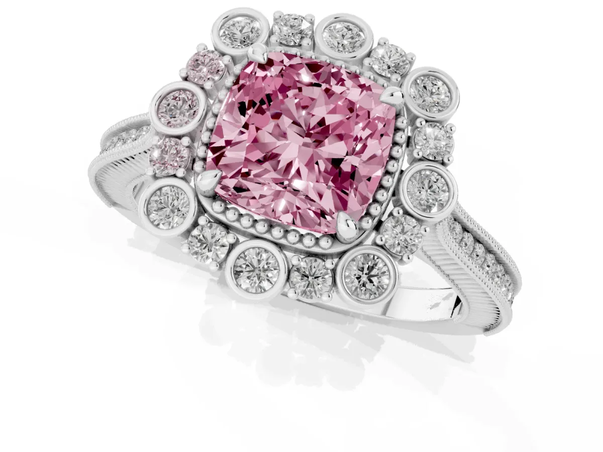 Fancy Pink Cushion Cut Halo Milgrain Pave Diamond Ring with Four-Prong Setting Silver