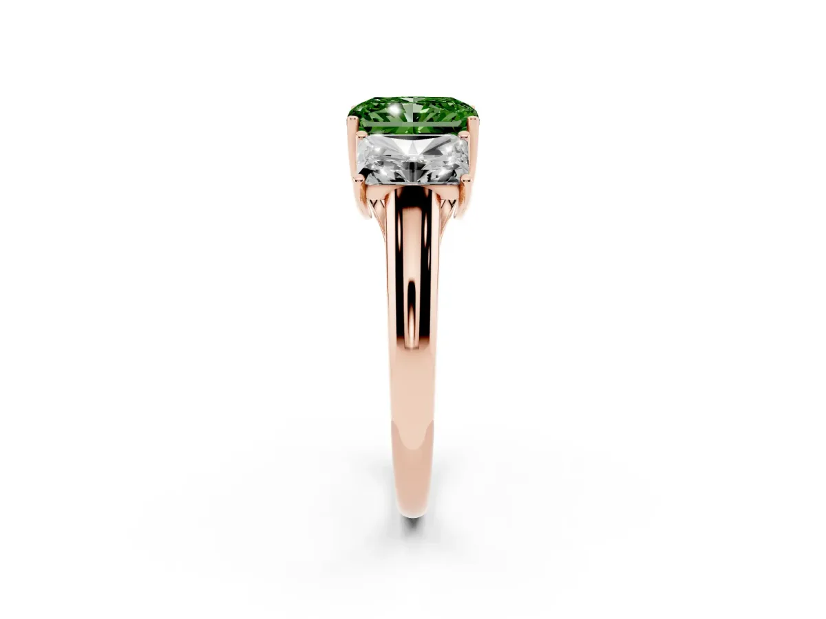 Fancy Green Three-Stone Radiant Cut Diamond Engagement Ring with Prong Setting Rose gold
