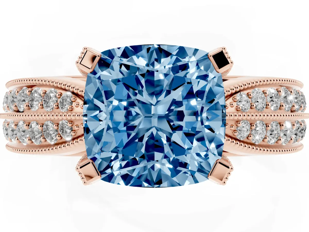 Fancy Blue Cushion Cut Diamond Solitaire Ring with Milgrain Round Pavé Band and Prong Setting Rose gold