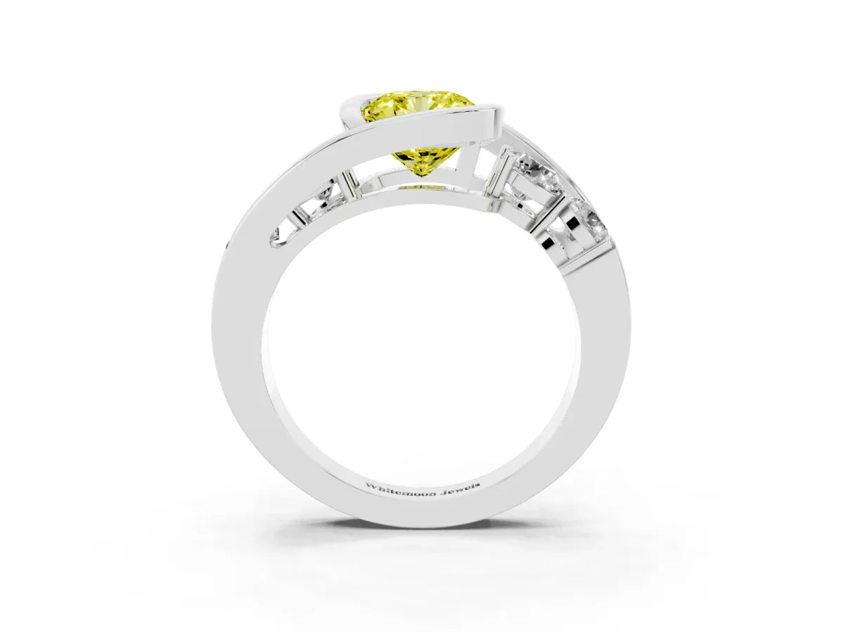 Fancy Yellow Bezel Set Cushion Cut Diamond Bypass Ring with Round Accents Silver