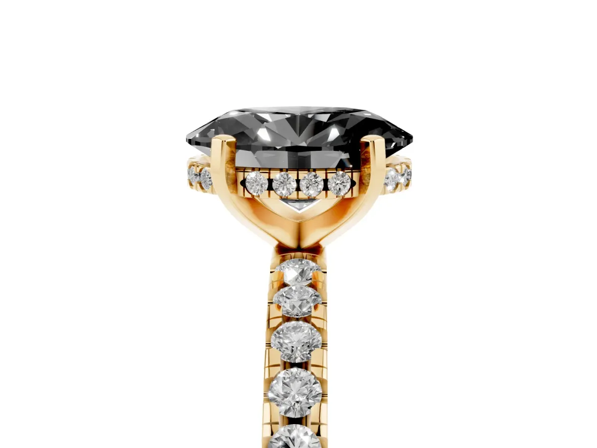 Fancy Black Oval Cut Diamond Solitaire Ring with Round Pavé Band and Four-Prong Setting Yellow gold