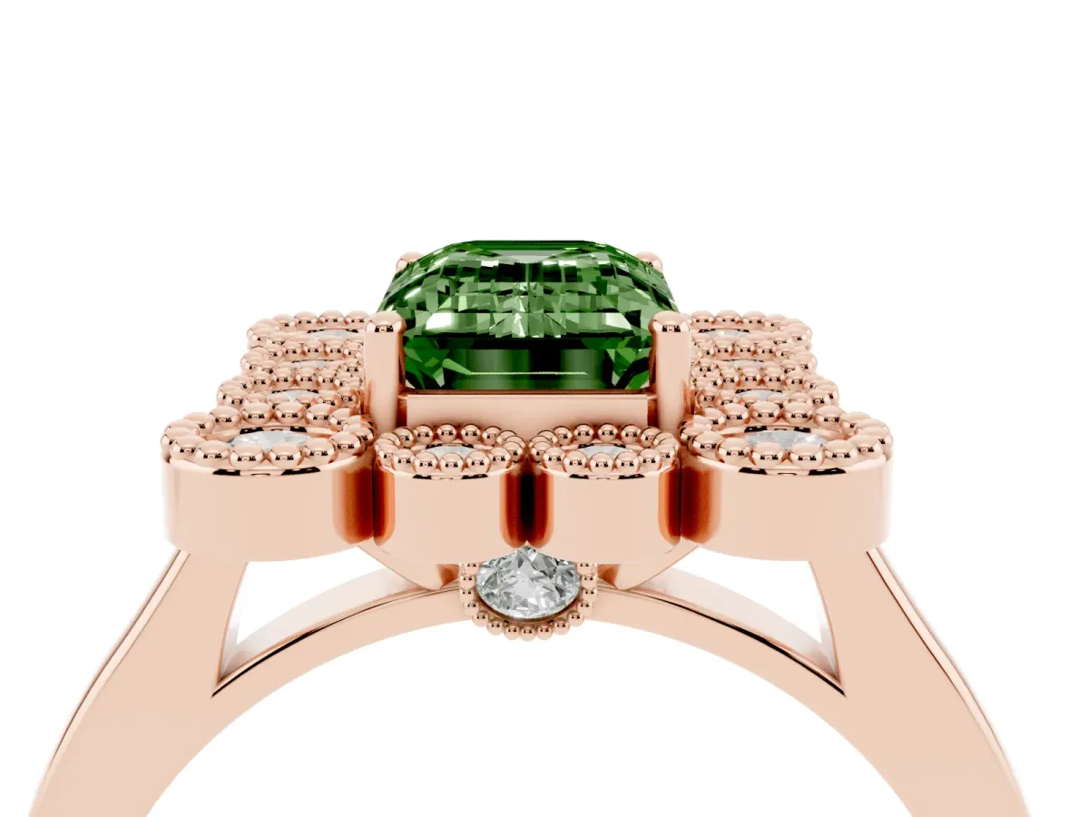 Fancy Green Emerald Cut Halo Diamond Cluster Engagement Ring with Milgrain Bezel Setting and Solitaire Band Rose gold