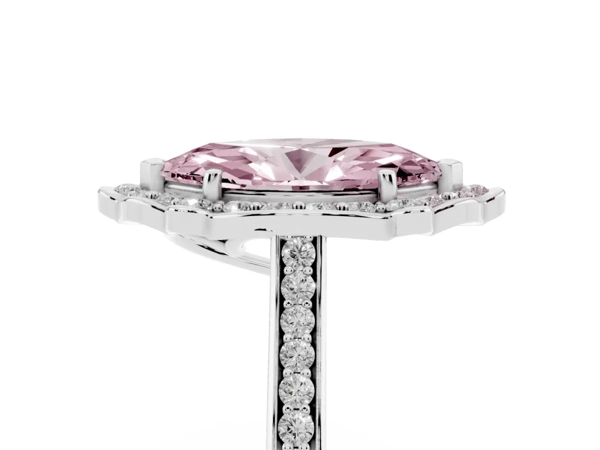 Fancy Pink Marquise Cut Halo Round Diamond Pave Band with Four-Prong Setting White gold