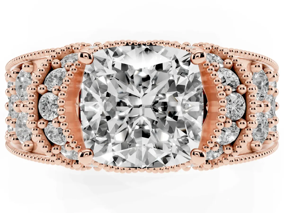 Cushion Cut Halo Pave Diamond Engagement Ring with Milgrain Detailing Rose gold
