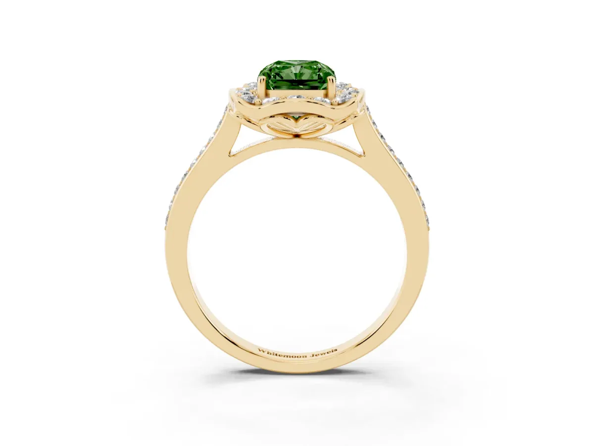 Fancy Green Radiant Cut Halo Round Diamond Pave Band with Four-Prong Setting Yellow gold