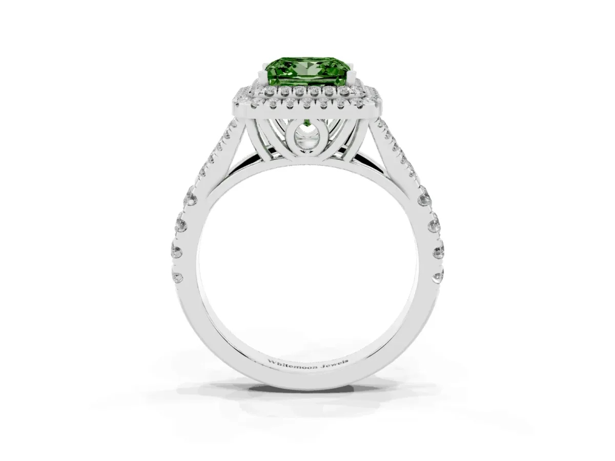 Fancy Green Princess Cut Cut Double Halo Split Shank Diamond Ring with Prong Setting Platinum
