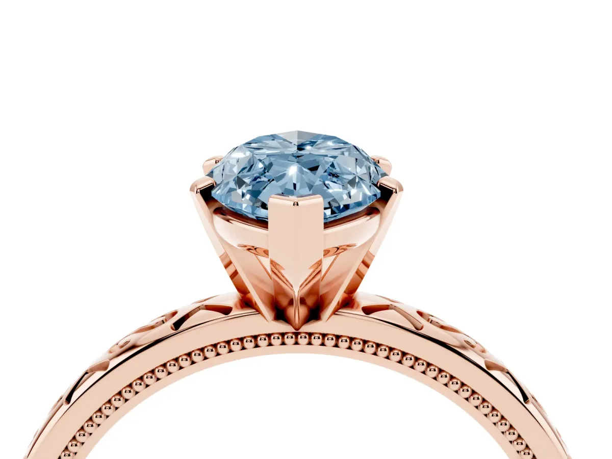 Fancy Blue Marquise Cut Solitaire Engagement Ring with Scrollwork Band and Four-Prong Setting Rose gold
