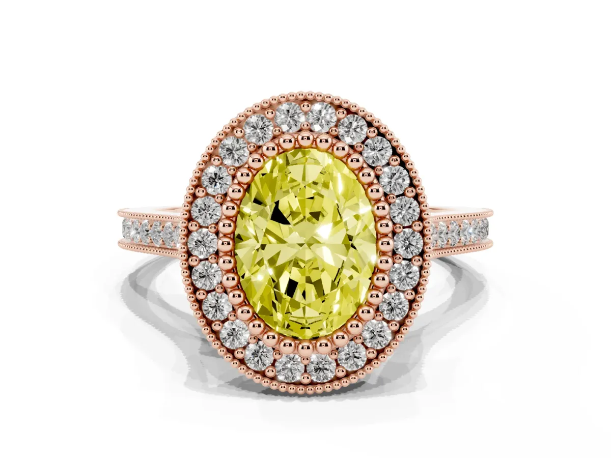 Fancy Yellow Oval Cut Diamond Halo Ring with Milgrain Frame and Pavé Band Rose gold