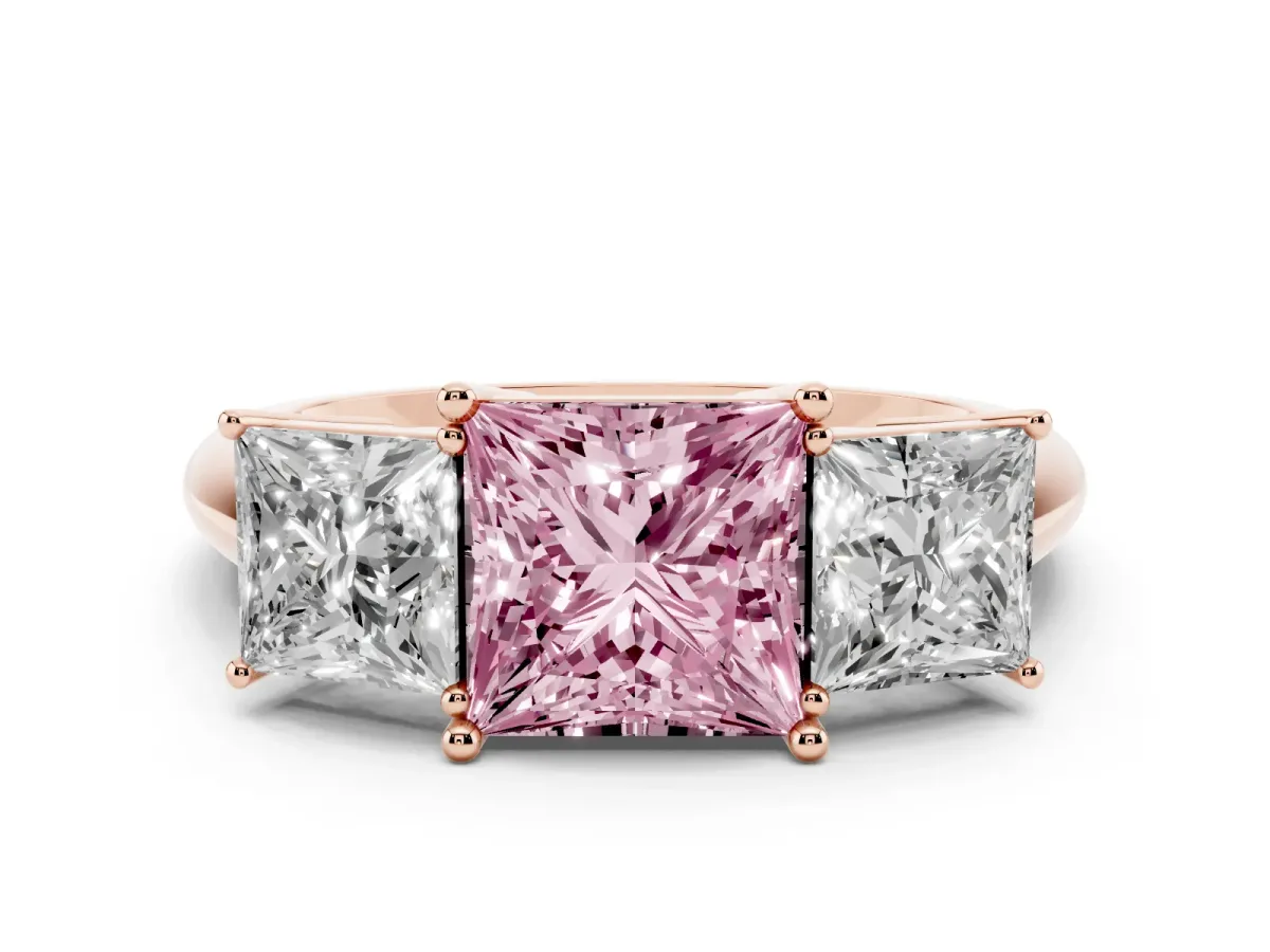 Fancy Pink Three-Stone Princess Cut Cut Diamond Engagement Ring with Prong Setting on a White Gold Band Rose gold