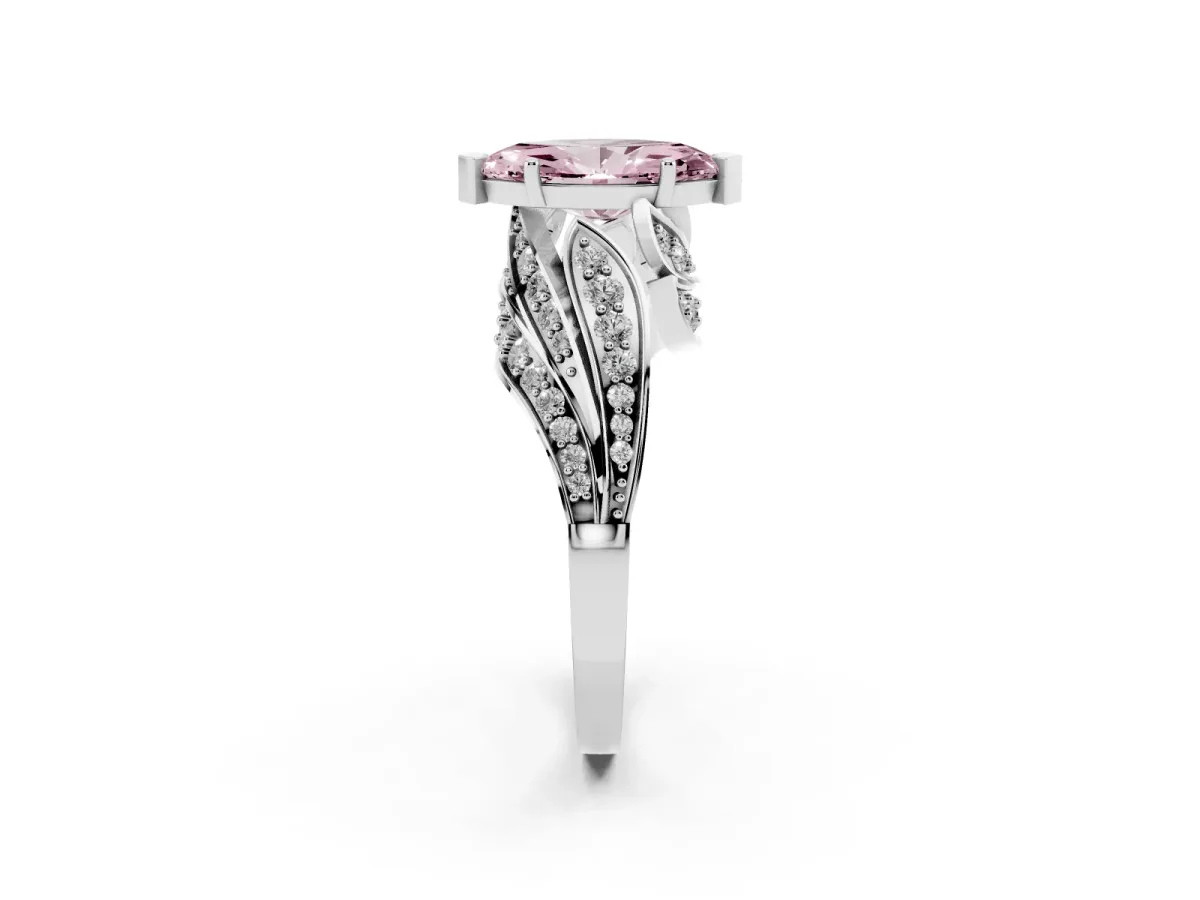 Fancy Pink Marquise Cut Diamond Solitaire Ring with Prong Setting and Twisted Pavé Band Silver
