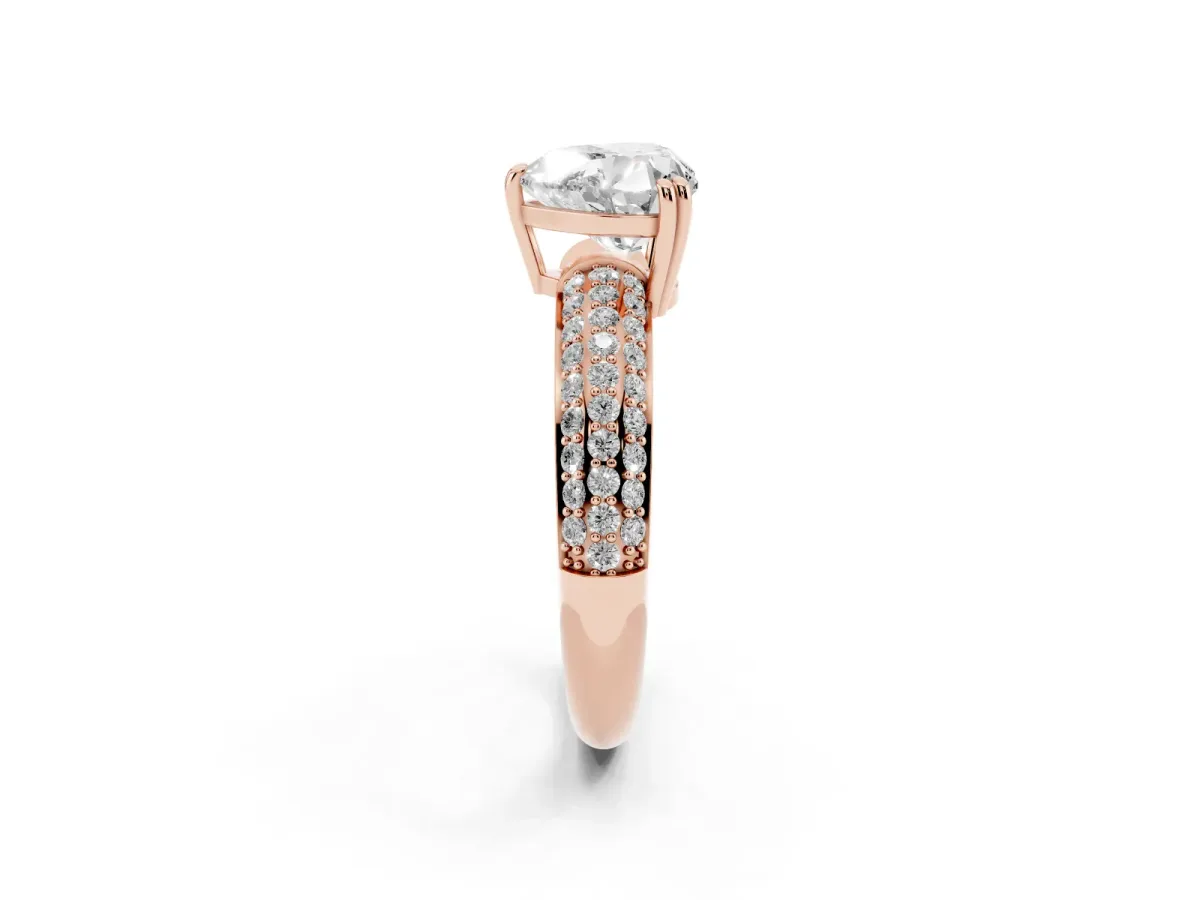 Heart Cut Diamond Solitaire Ring with Multi-Row Round Pavé Band and Prong Setting Rose gold