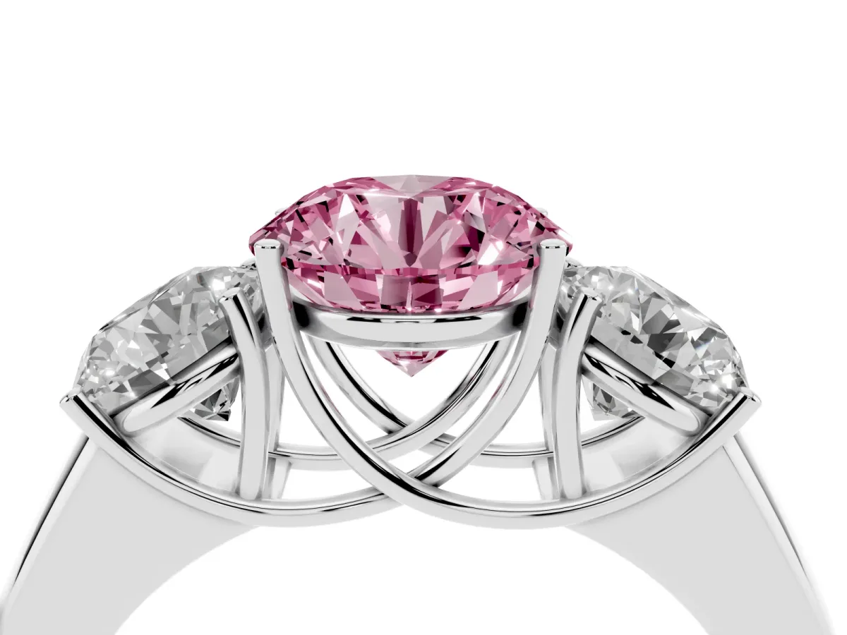 Fancy Pink Three-Stone Round Cut Cut Diamond Ring with Prong Setting and Classic Band Platinum