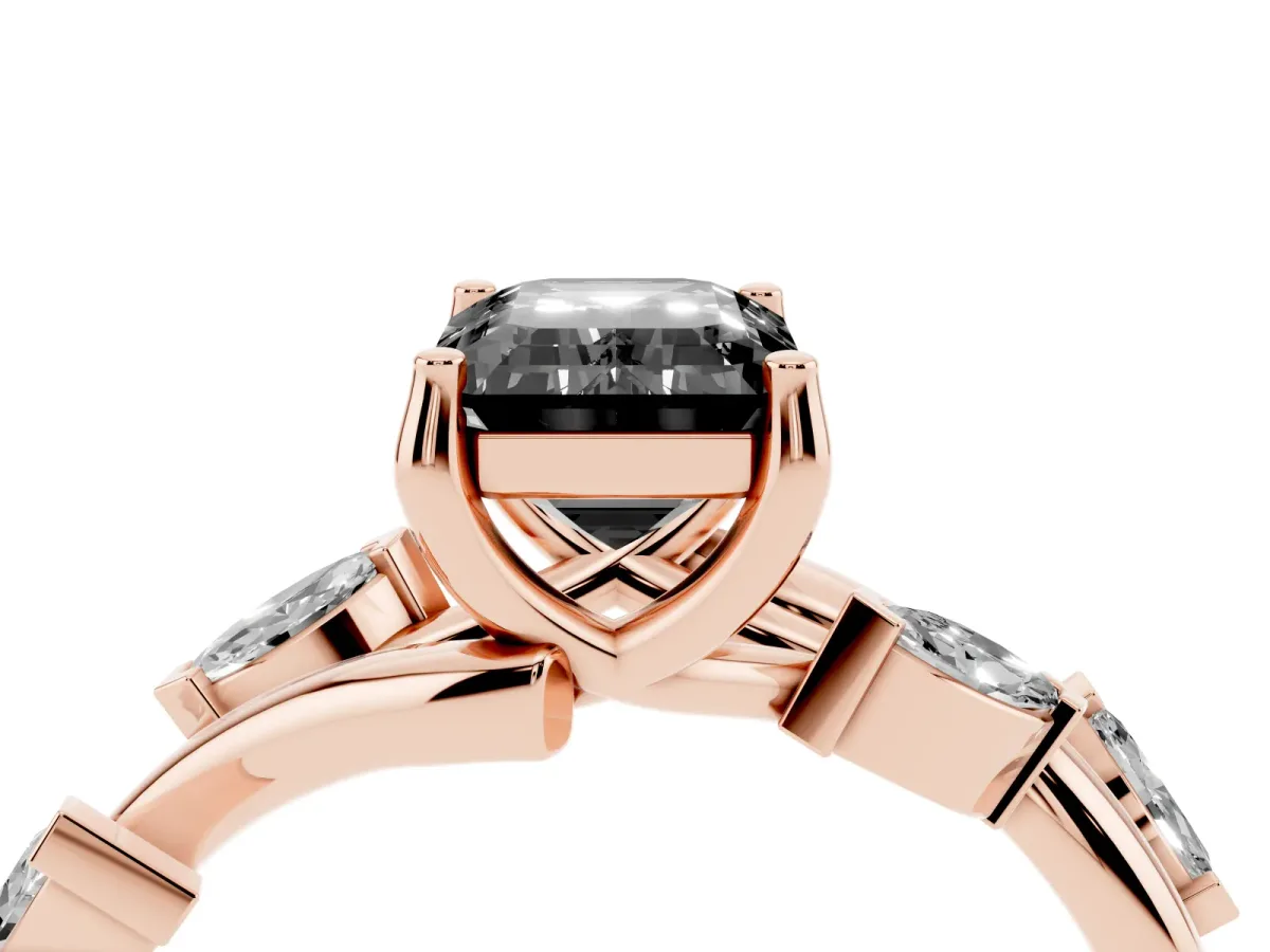 Fancy Black Emerald Cut Solitaire Twisted Band Marquise Accent Prong Setting Ring Rose gold
