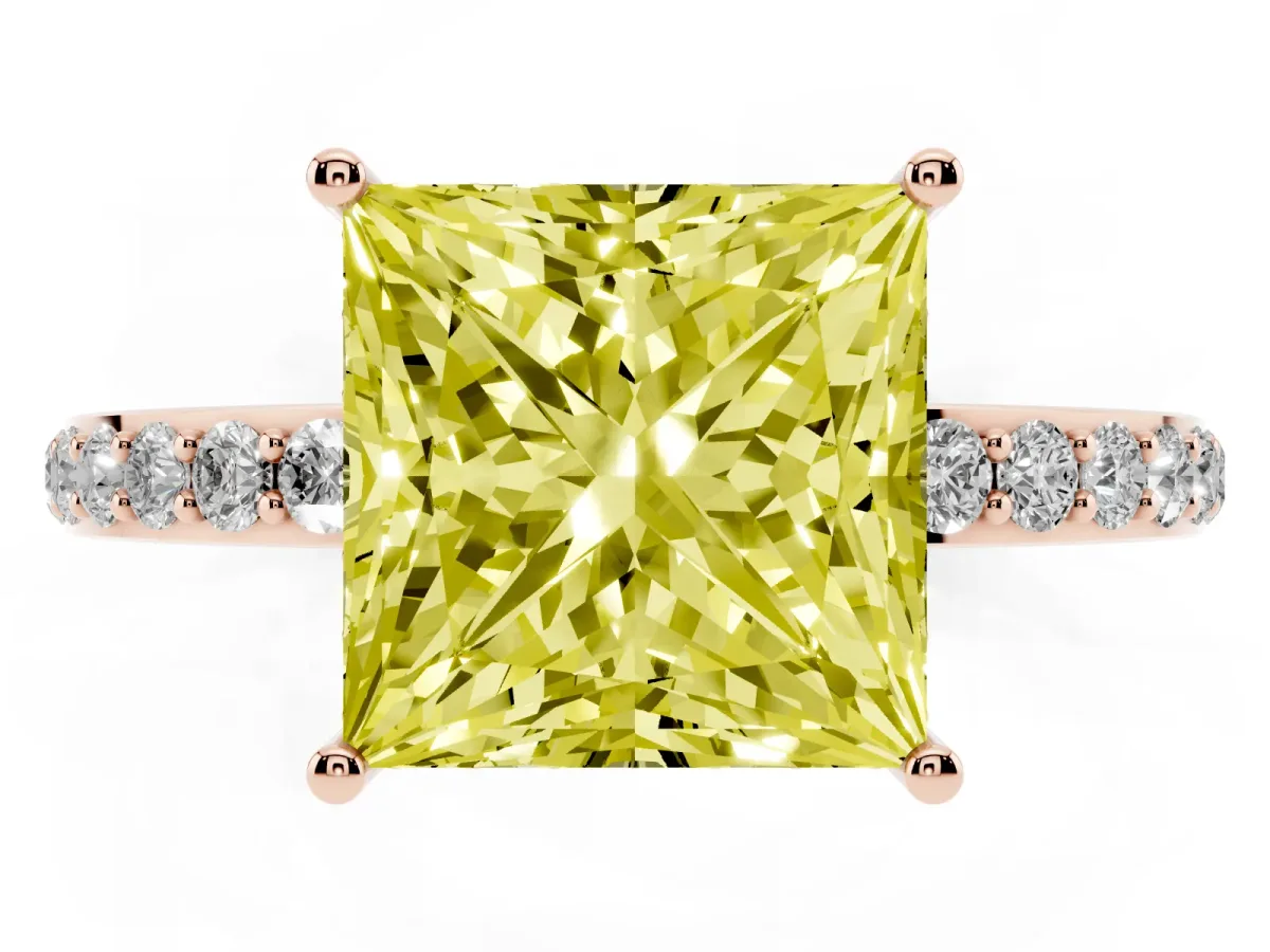 Fancy Yellow Princess Cut Diamond Solitaire Ring with Pavé Band and Hidden Halo Rose gold
