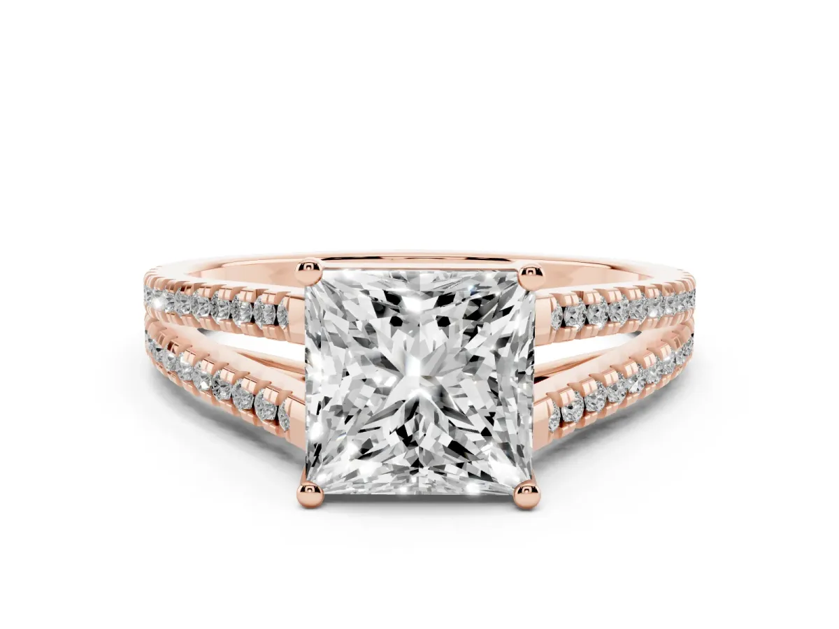 Princess Cut Diamond Solitaire Engagement Ring with Split Shank Pavé Band Rose gold