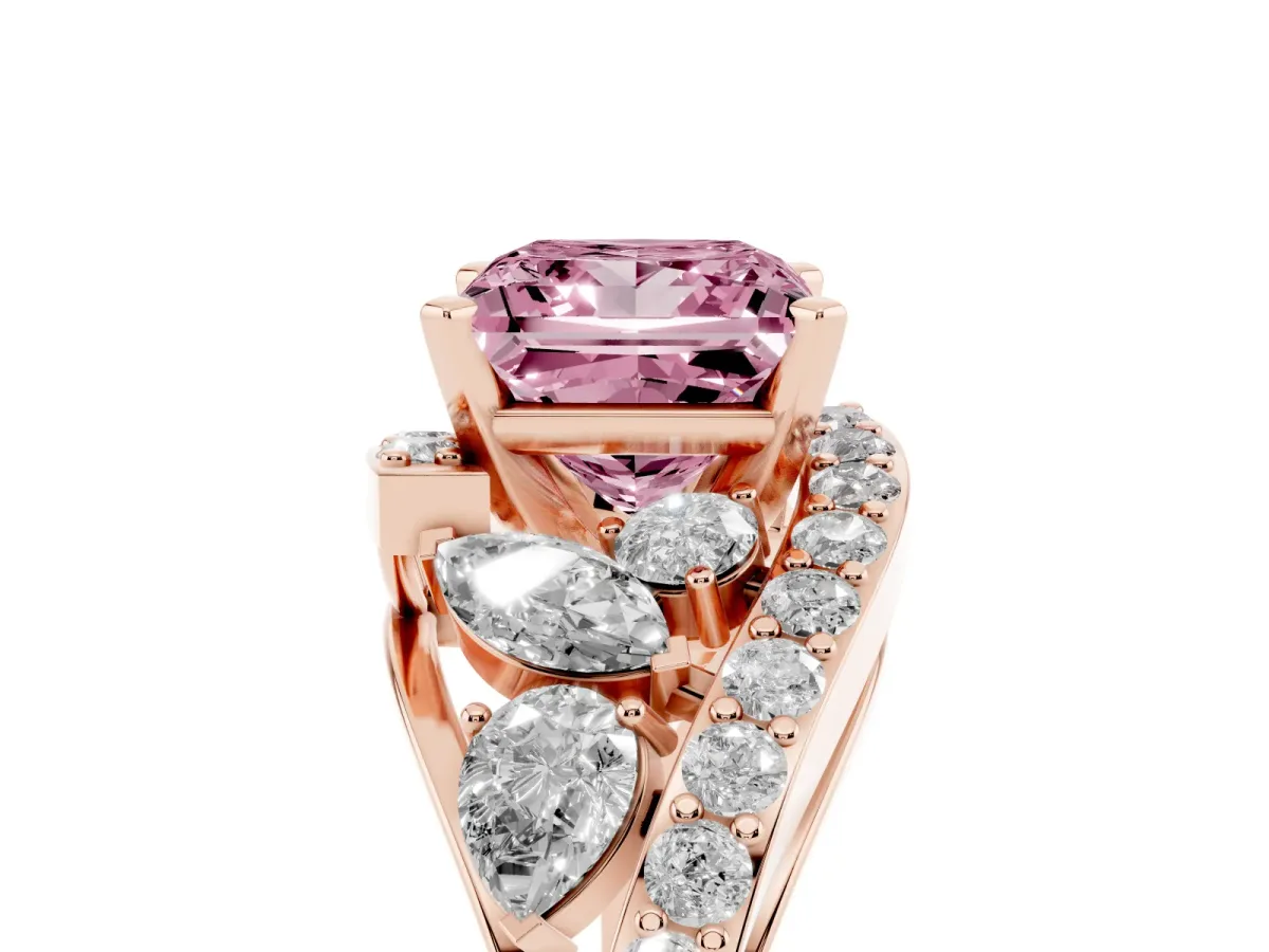 Fancy Pink Princess Cut Diamond Halo Ring with Marquise and Pavé Band in Prong Setting Rose gold
