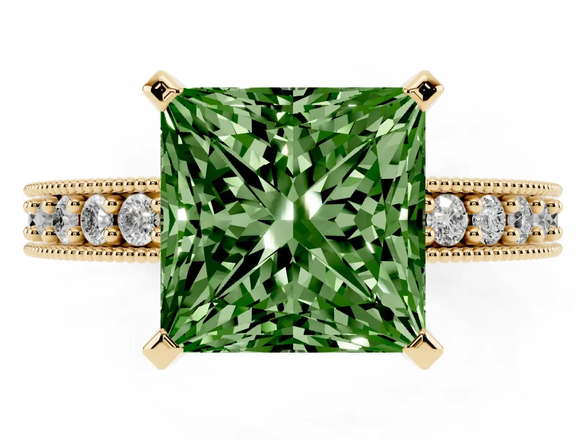 Fancy Green Princess Cut Diamond Milgrain Pavé Engagement Ring with Four-Prong Setting Yellow gold